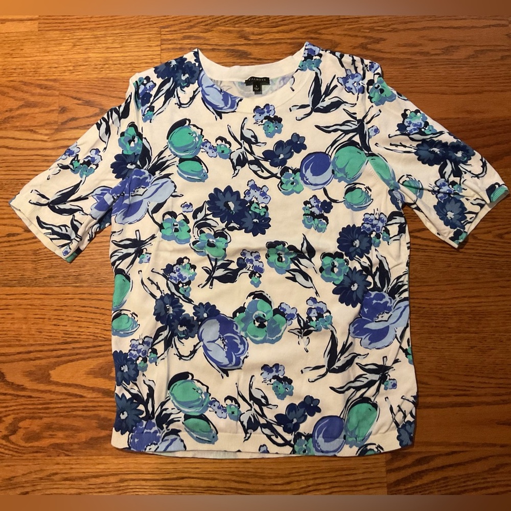 Talbots Floral Sweater Short Sleeve Blue Floral Size Large